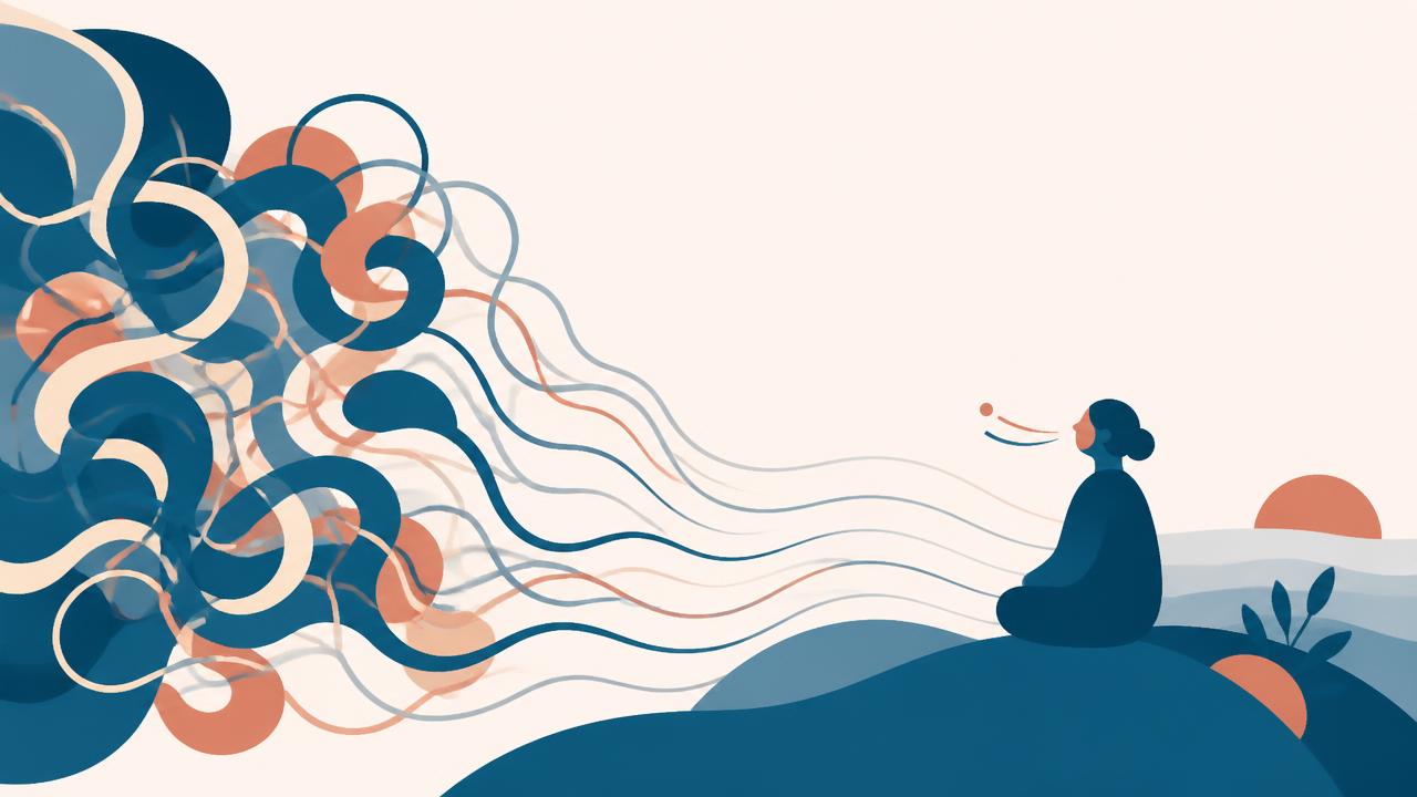 Illustrazione di linee aggrovigliate che si distendono accanto a una figura che respira, ansia normale o disturbo d'ansia