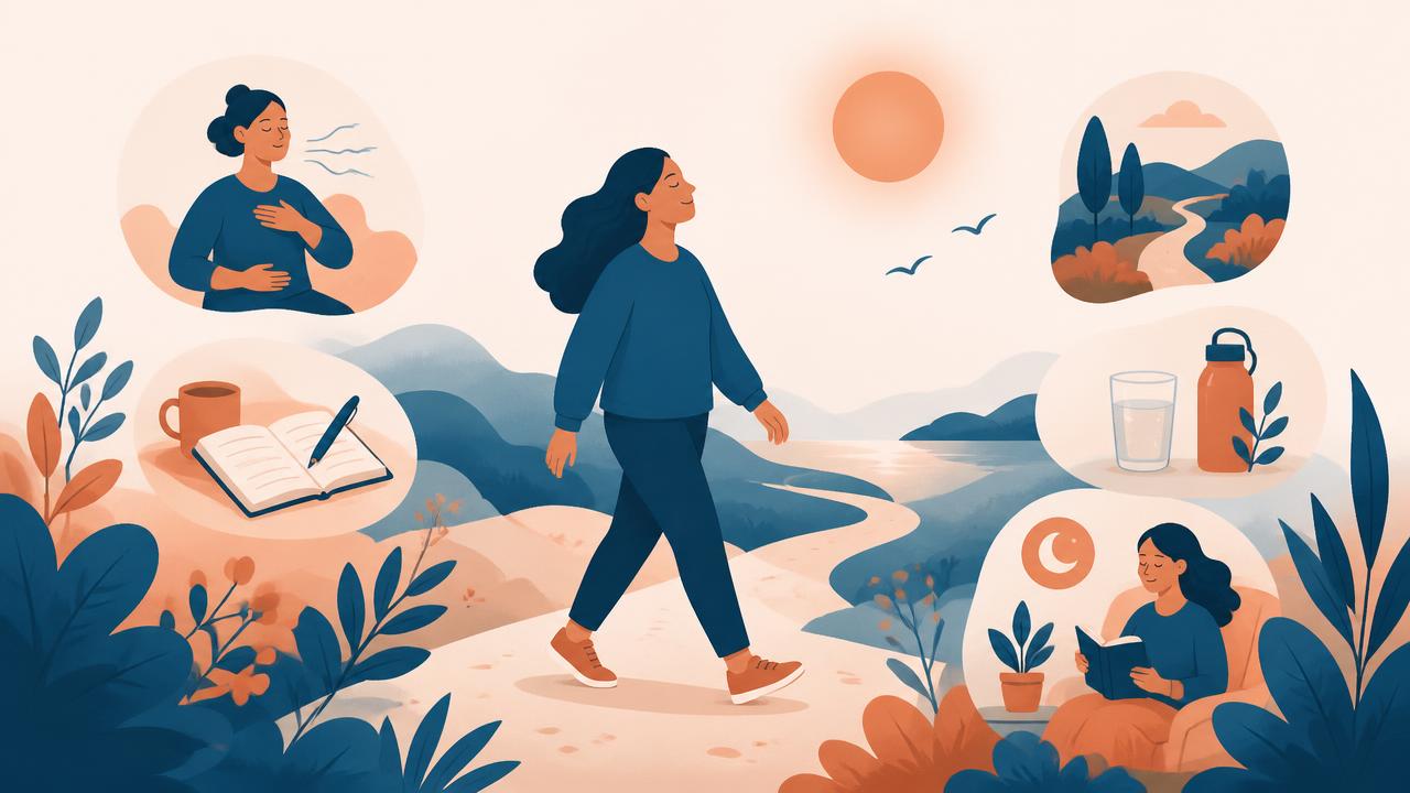 Illustrazione di strategie pratiche per gestire l'ansia: respirazione, camminata, scrittura e riposo