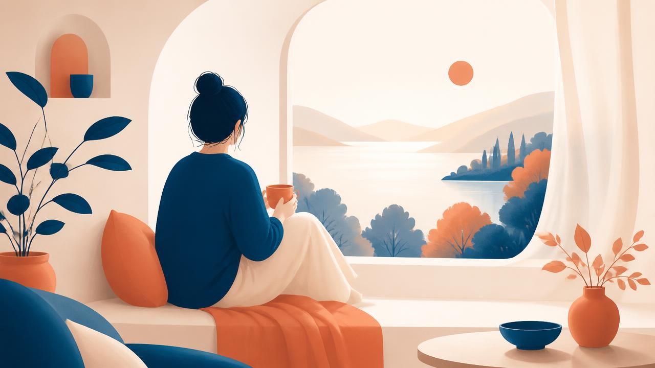 Donna seduta accanto a una finestra in una luce calda, illustrazione sui segnali per rivolgersi a uno psicologo